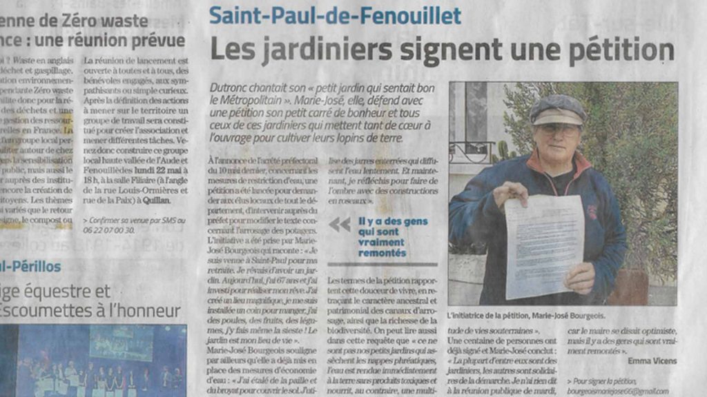 extrait de l'indépendant parlant d'une pétition signé par les jardiniers de Saint Paul de fenouillet 