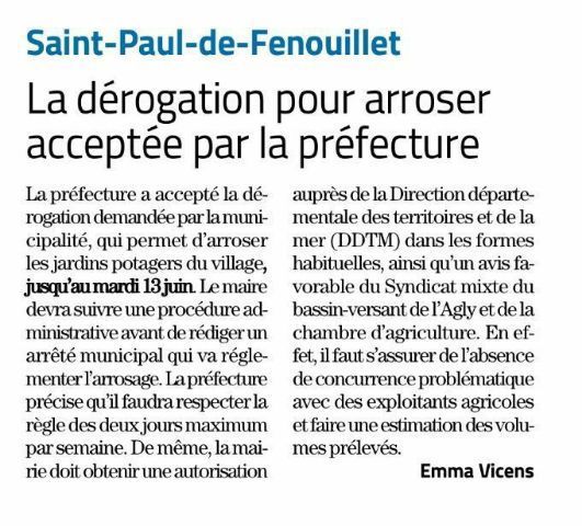 extrait de l'indépendant qui annonce qu'une dérogation pour arroser a été accepté par la préfecture