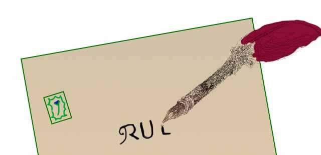 illustration d'une lettre avec un timbre et une plume entrain d’écrire le mot "Rue"
